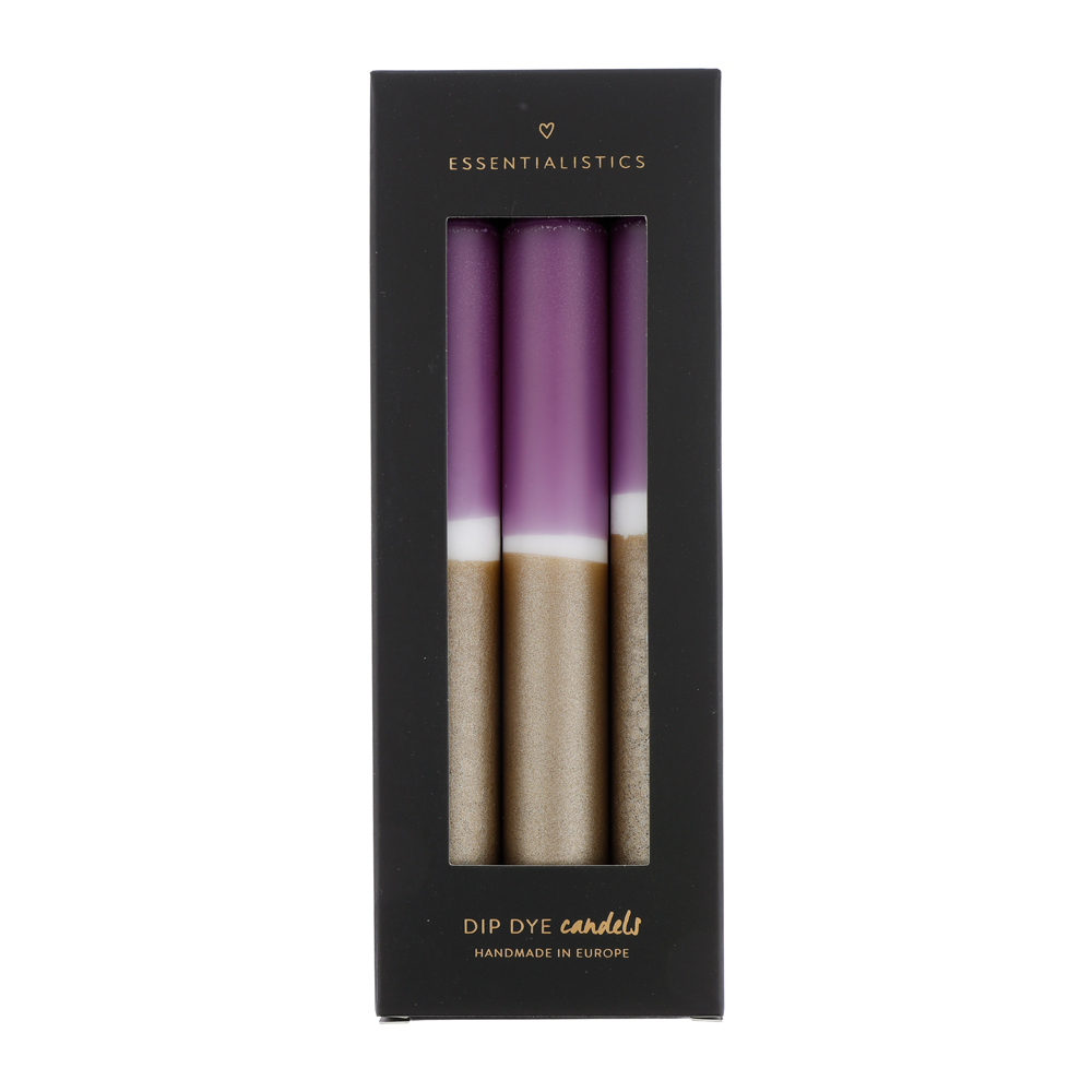 Dip dye dinner candle 3 pieces purple/white/gold 