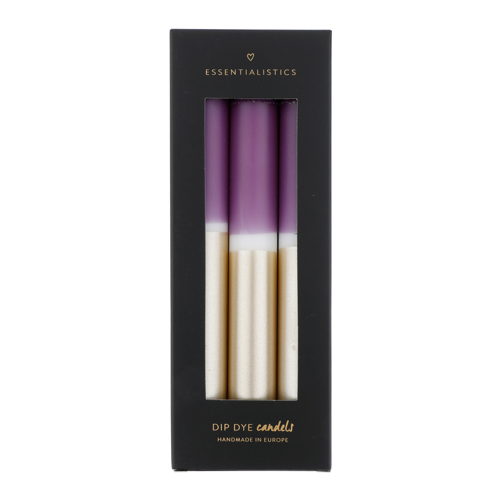 Dip dye dinner candle 3 pieces purple/white/champagne 